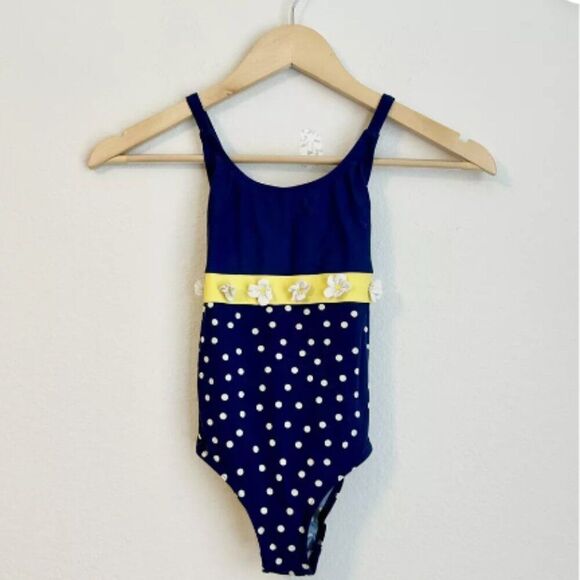 Mini Boden Girls Polka Dot & Daisy One Piece Swimsuit Navy, Size 11-12